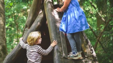Des enfants apprennent à construire une cabane dans les bois