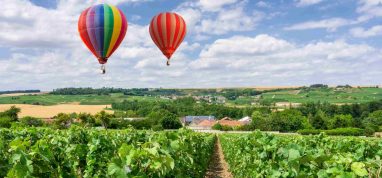 Hot air balloons over Champagne-Ardennes vineyard